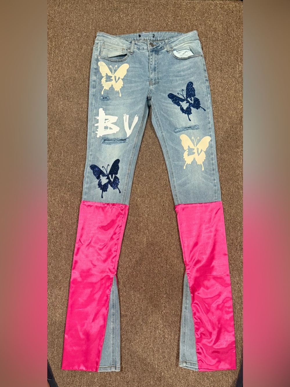 Men’s Light Wash Jeans with Pink Panel & Butterfly Print